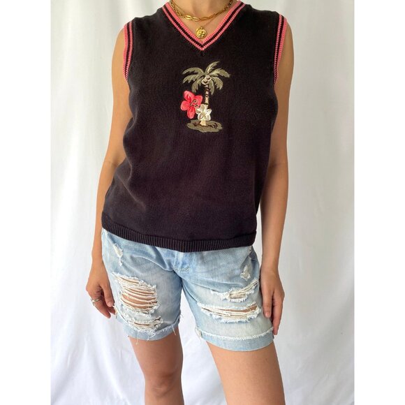 90s vintage black tropical palm tree embroidered knit sweater vest cotton top - Picture 4 of 8